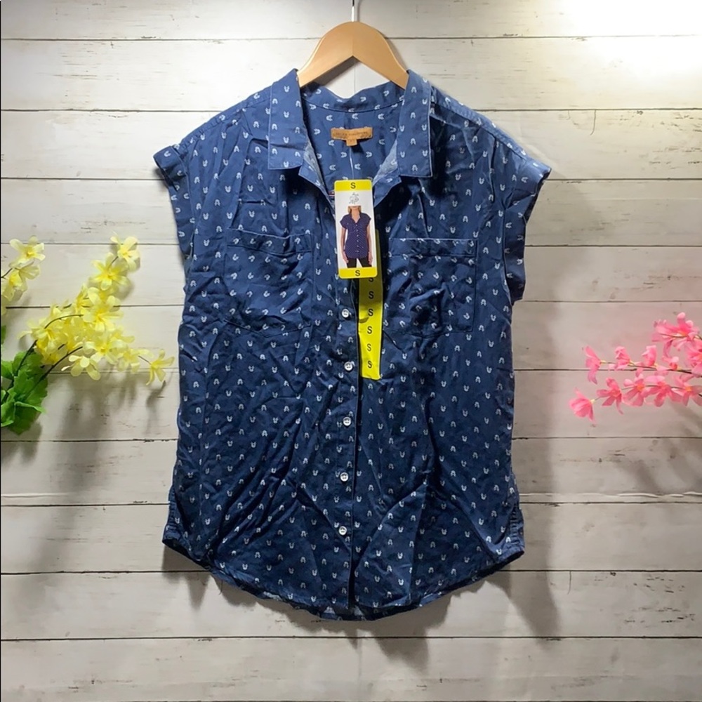 NWT Jachs Girlfriend Blue White Print Button Down